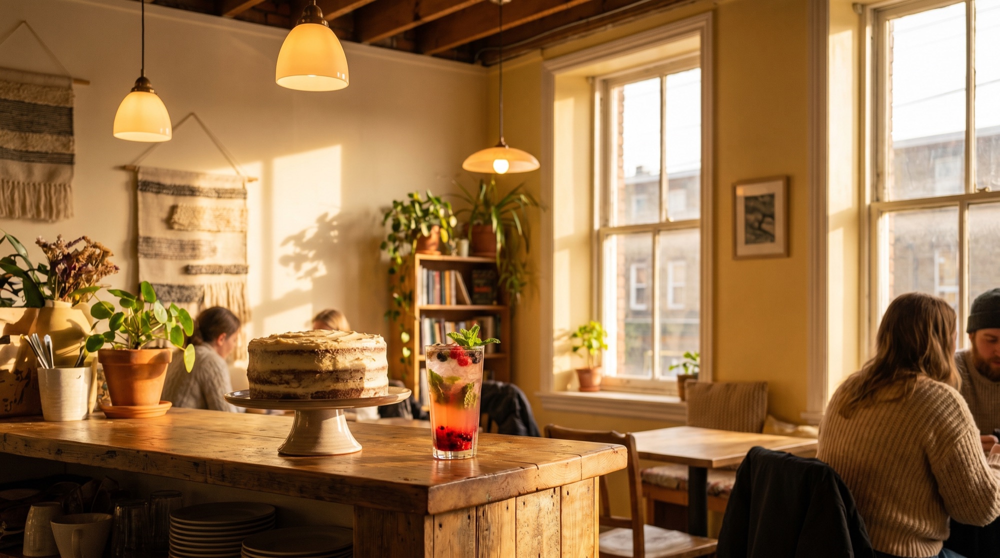 An iced matcha latte on a worn wooden bar at Buttercrème Cafe, with a vintage turntable, tube amplifier and a wall of vinyl records glowing behind